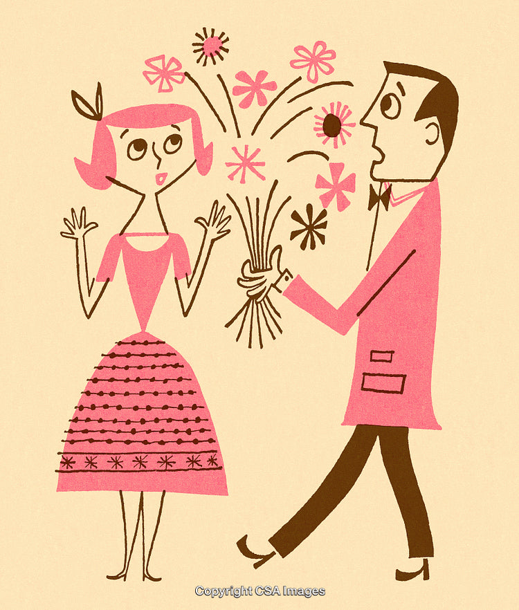Retro Illustration of a Romantic Gesture Featuring a Bouquet of Flowers