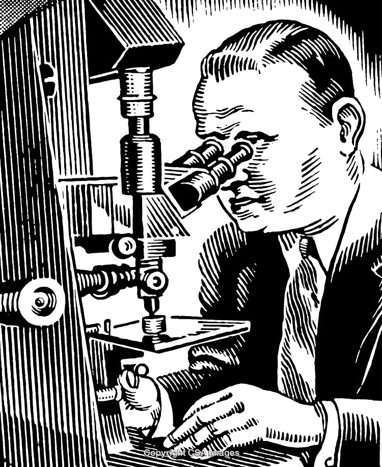 Scientist Observing Through Microscope in Black and White Engraving