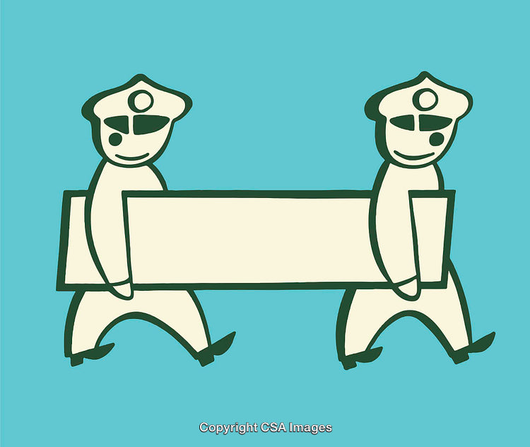 Cartoon Police Characters Carrying a Blank Sign on Teal Background