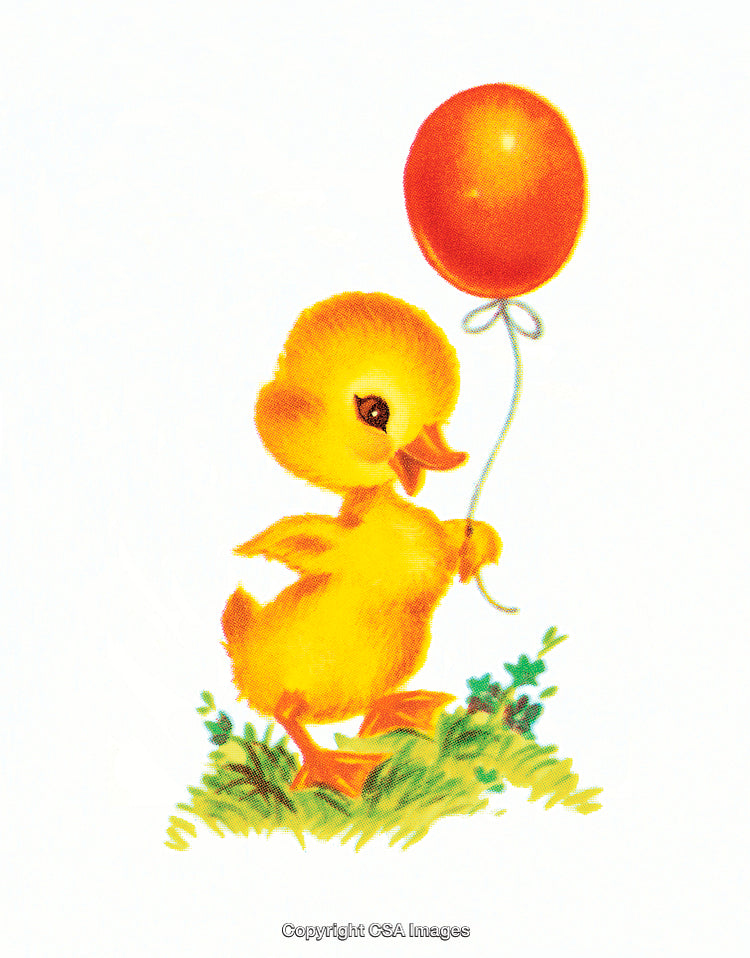 Adorable Yellow Duckling Holding a Red Balloon in Styleful Illustration