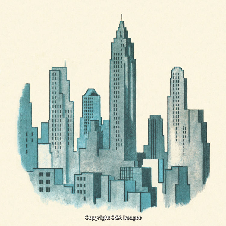 Artistic Illustration of a Modern City Skyline in Blue Tones
