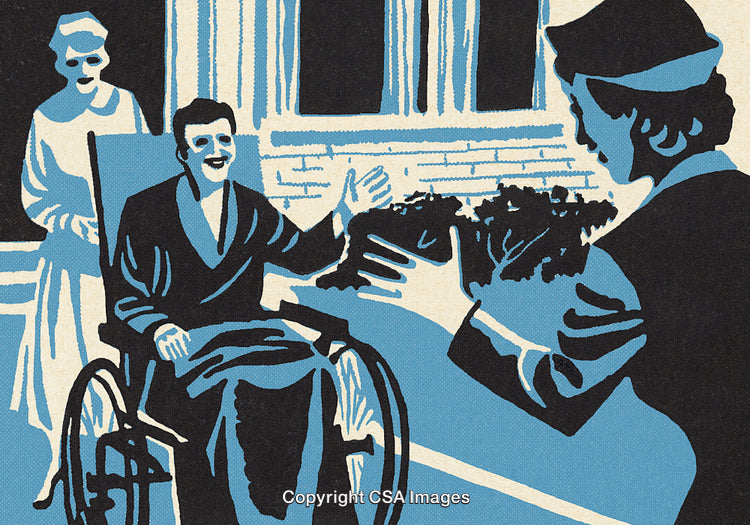 Illustration of a Patient in a Wheelchair Interacting with a Nurse