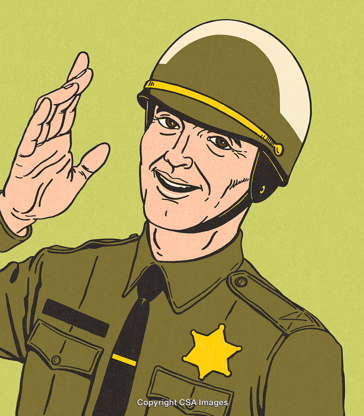 Illustration of a Smiling Male Officer Wearing a Badge and Helmet in Retro Style