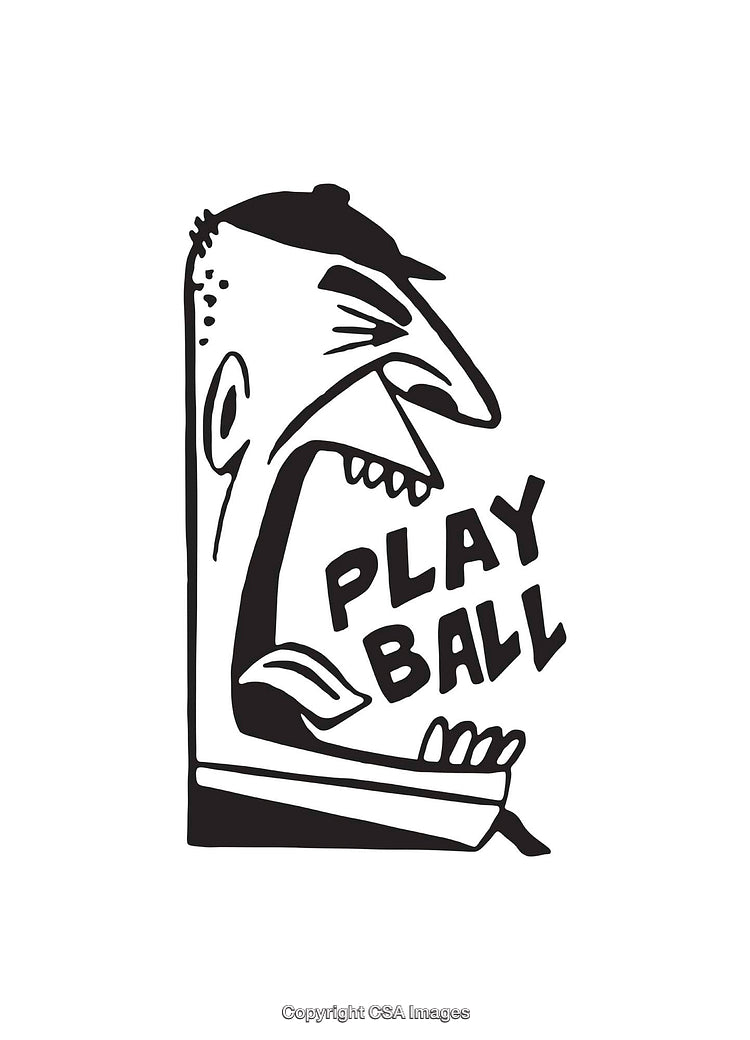 Retro Line Art of Man Shouting 'Play Ball' in Black and White