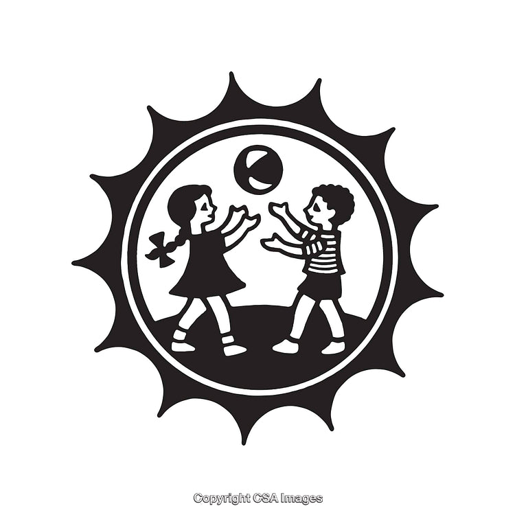 Black and White Illustration of Children Playing with a Ball Outdoors