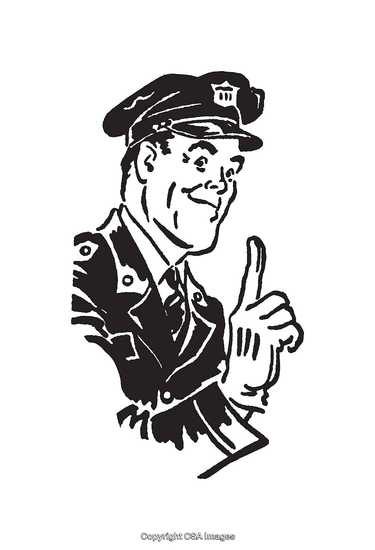Black and White Line Art of a Vintage Police Officer Illustration