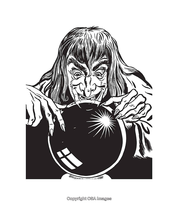 Black and White Line Art of a Witch with a Crystal Ball