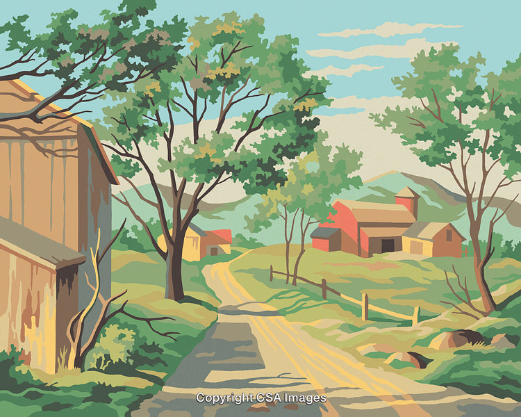 Scenic Countryside Illustration Featuring Rustic Barns and Tree-Lined Path