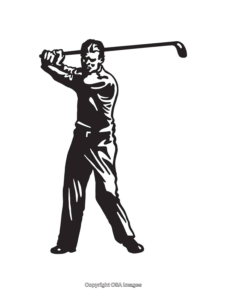 Black and White Illustration of a Golfer Swinging a Club with Focus