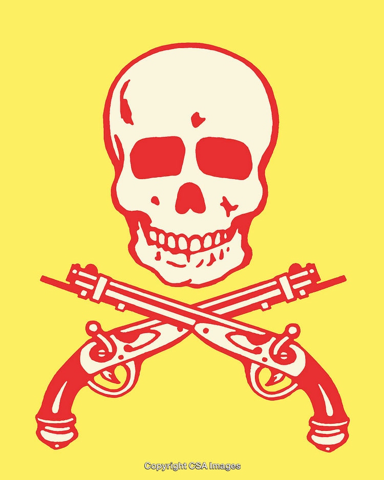 Red Skull and Crossed Pistols on Yellow Background