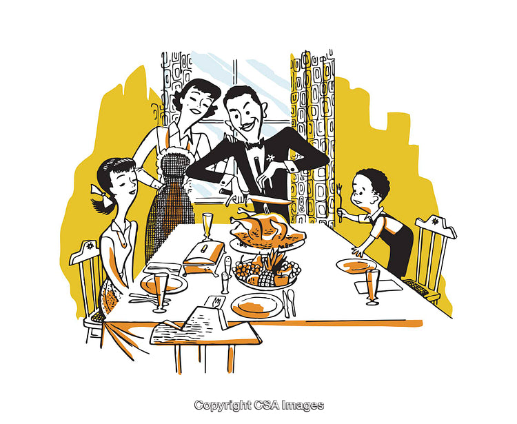 Illustrated Family Enjoying a Festive Holiday Meal Together at the Table