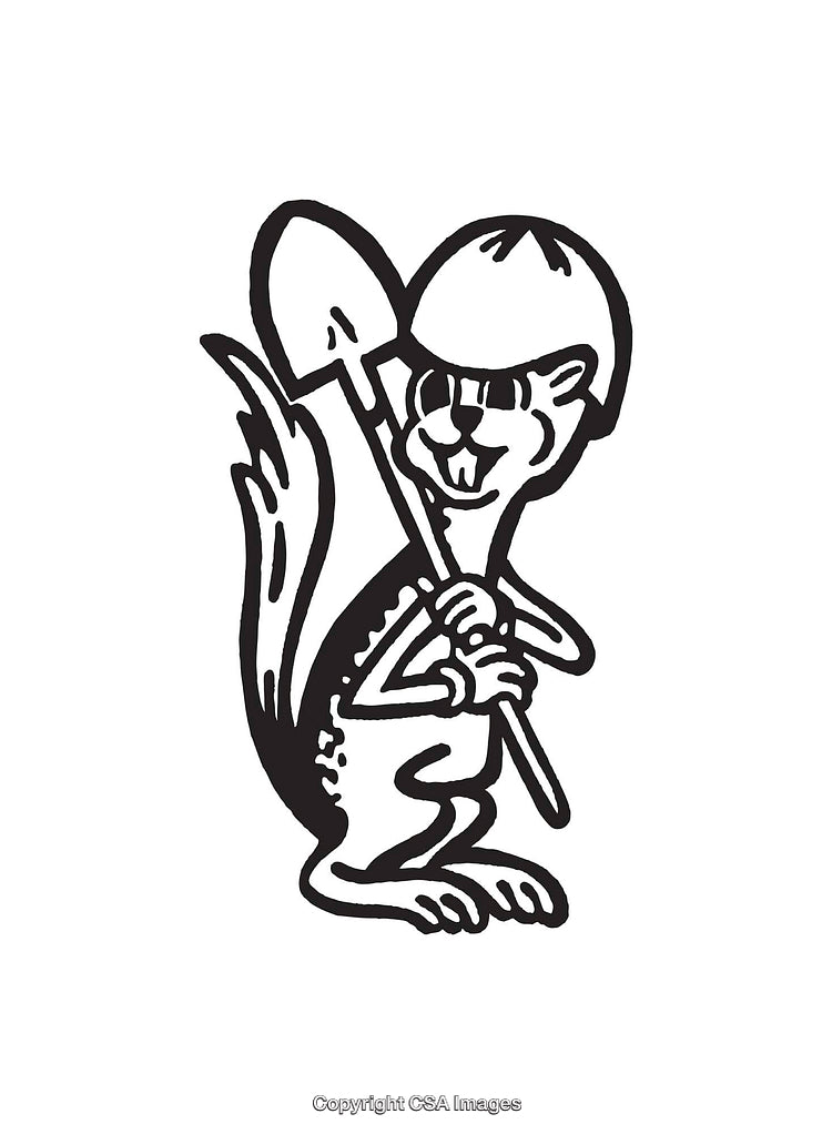 Cartoon Squirrel Holding Shovel in Black and White Line Art Illustration