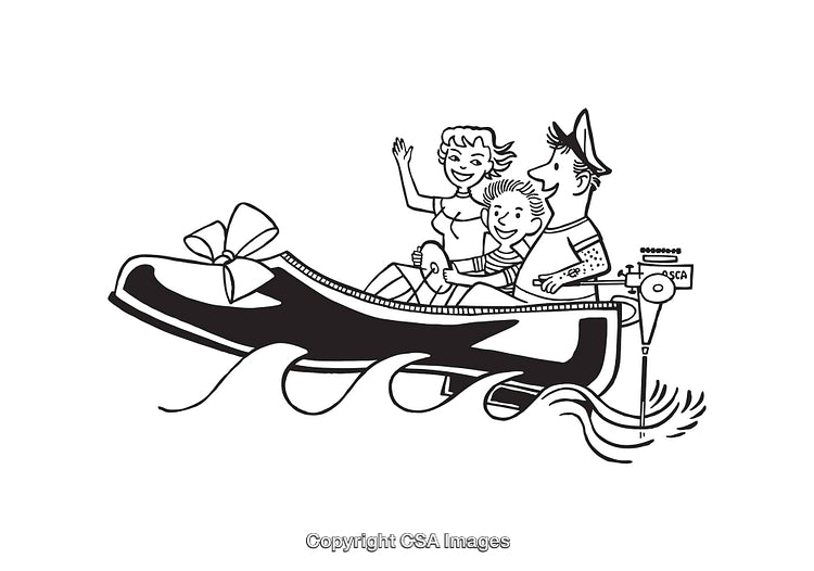 Family Enjoying a Boat Ride in a Whimsical Shoe-Shaped Vessel