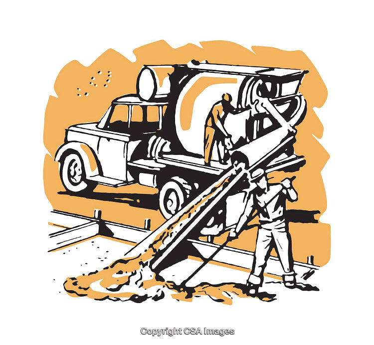 Concrete Mixer and Workers Operating on Construction Site Illustration