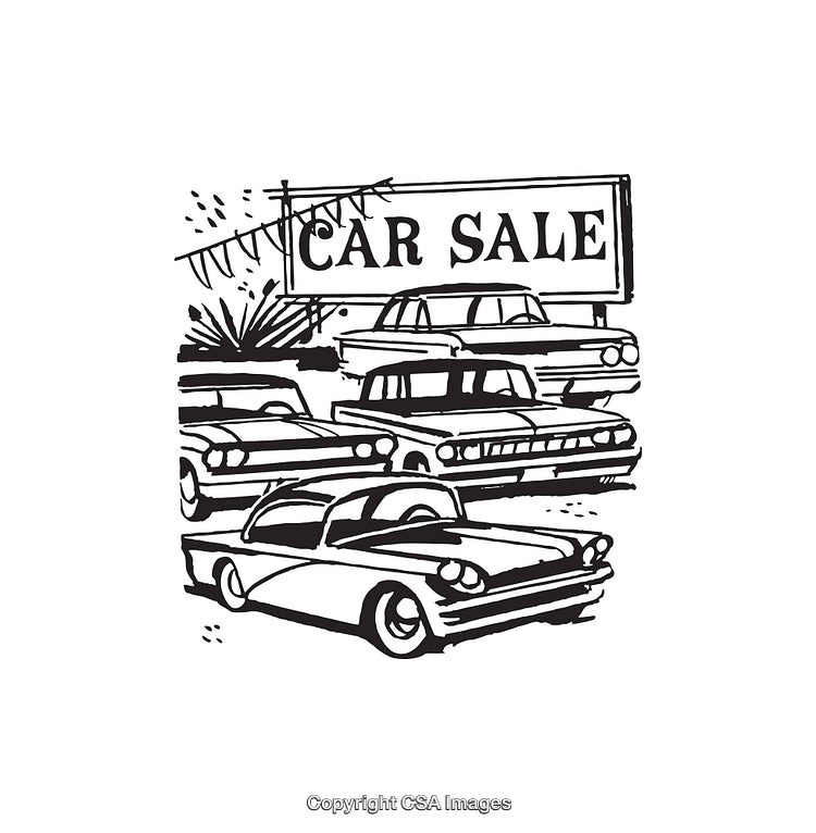 Vintage Line Art of Classic Cars for a Retro Car Sale Scene