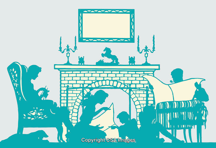 Vintage Family by Fireplace Illustrative Silhouette in Cozy Line Art Design