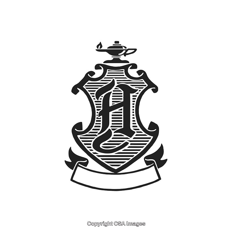 Ornamental Emblem Design Featuring Monogram and Lamp Motif on Banner