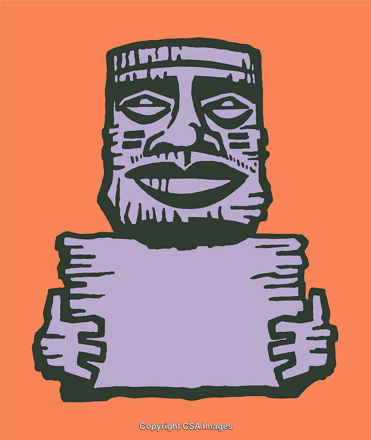 Colorful Abstract Illustration of a Carved Wooden Tribal Figure Holding a Blank Scroll