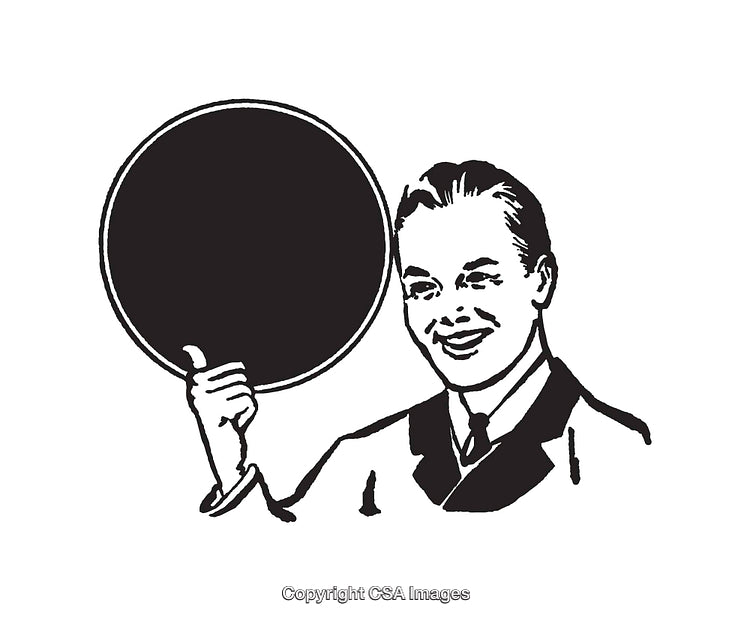 Vintage Line Art of Smiling Gentleman Holding Blank Circular Sign