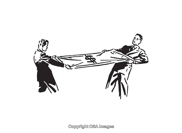 Businessmen Competing Over Financial Control in Black and White Line Art
