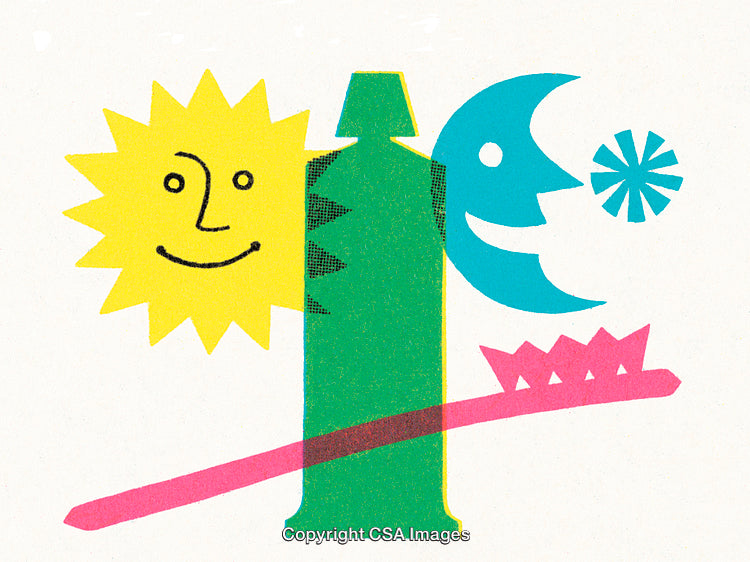 Colorful Abstract Design Featuring Smiling Sun, Moon, Toothbrush, and Toothpaste