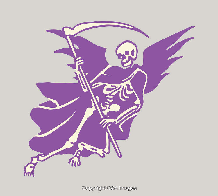 Purple Grim Reaper Line Art Illustration with Wings and Scythe