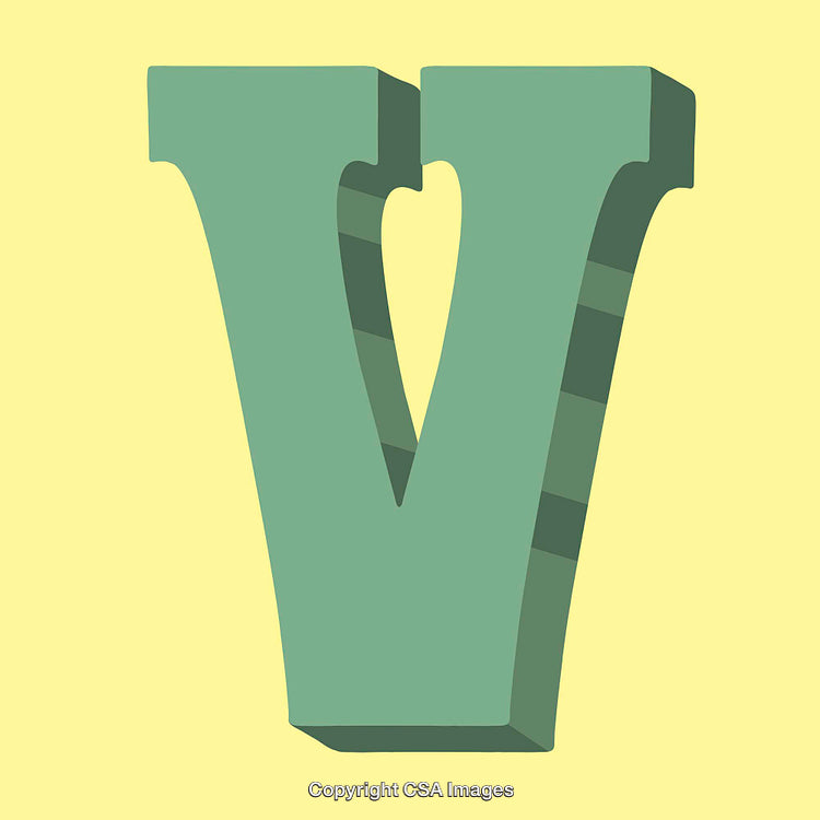 Three-Dimensional Green Letter V with Heart Design on Yellow Background