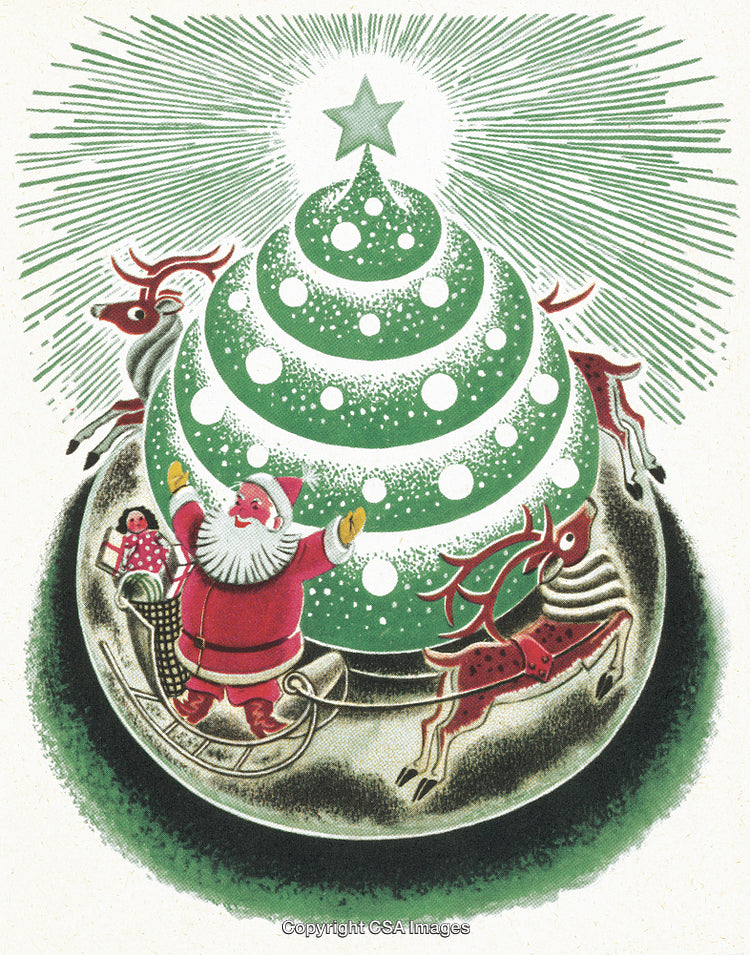 Festive Illustration of Santa and Reindeer Circling a Decorated Christmas Tree