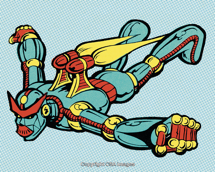 Colorful Comic Style Illustration of a Robotic Superhero in Flight