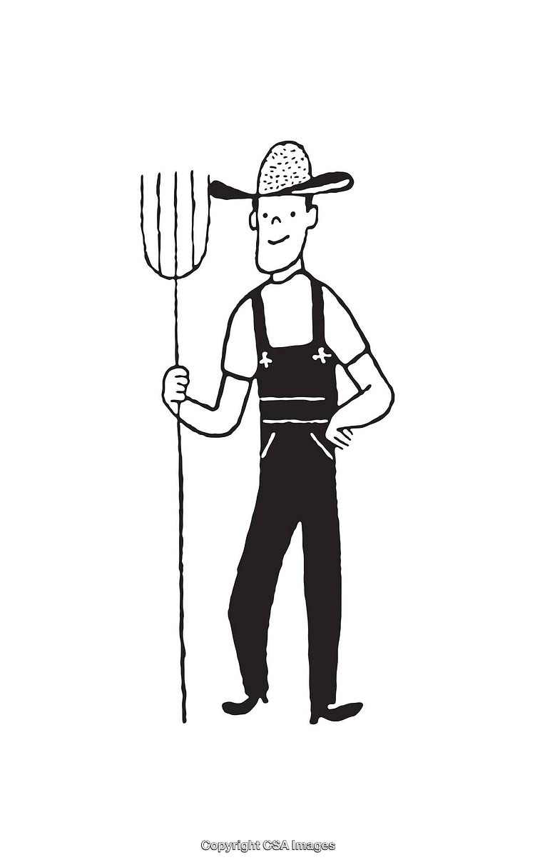 Black and White Line Art of a Farmer with Pitchfork