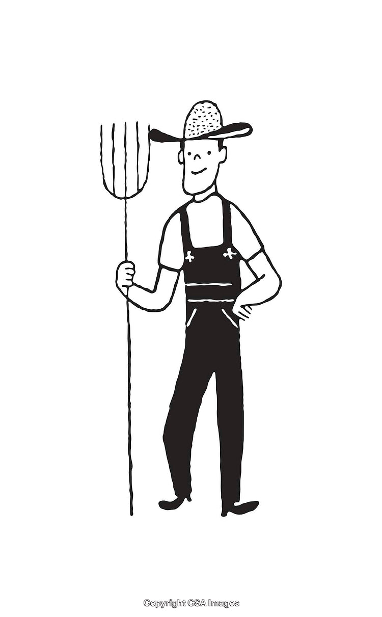 Black and White Line Art of a Farmer with Pitchfork