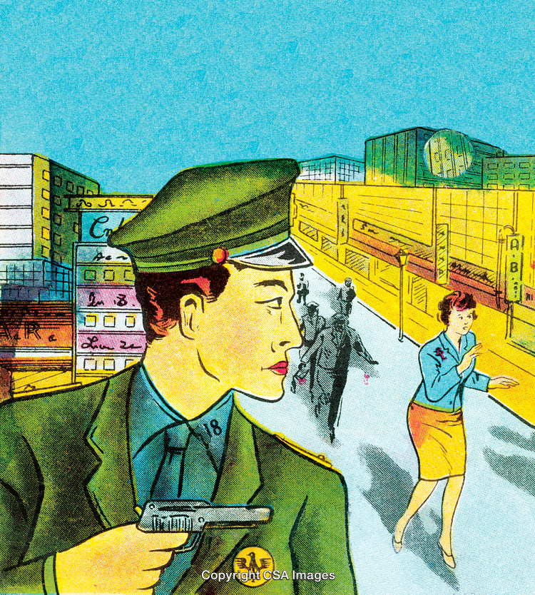 Vintage Comic Illustration of Officer and Woman in Vibrant City Scene