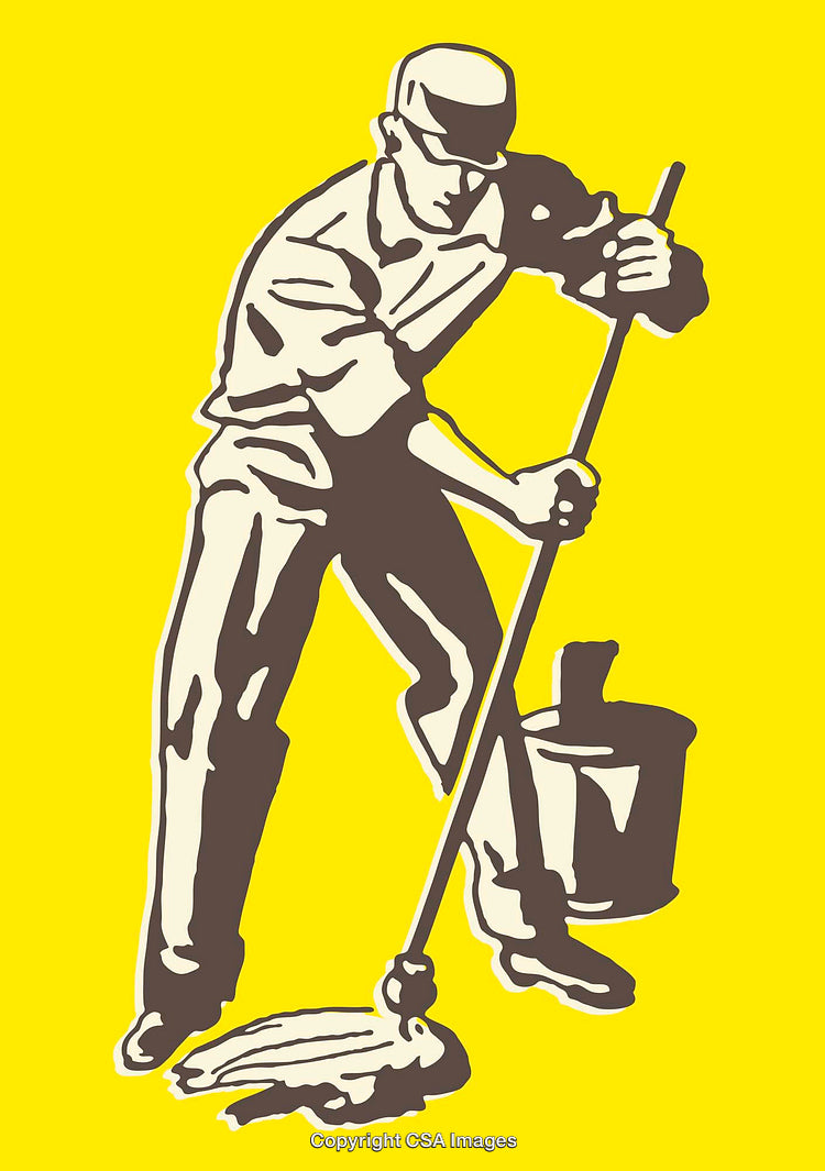 Worker Mop Cleaning Floor Line Art on Yellow Background
