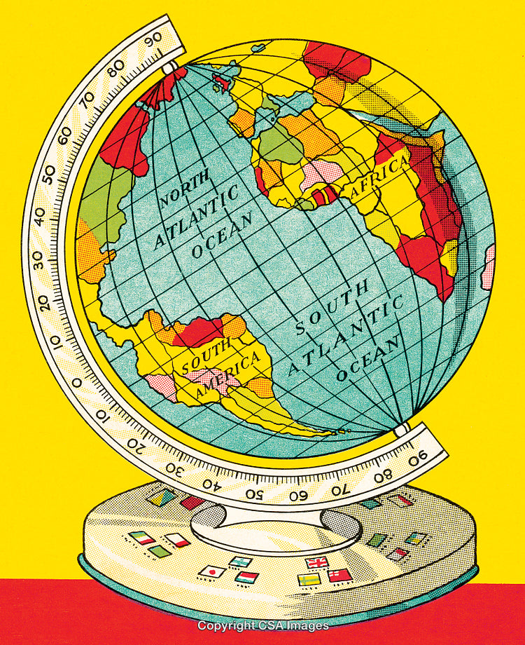 Vintage Illustrated Globe Showing Continents and Oceans