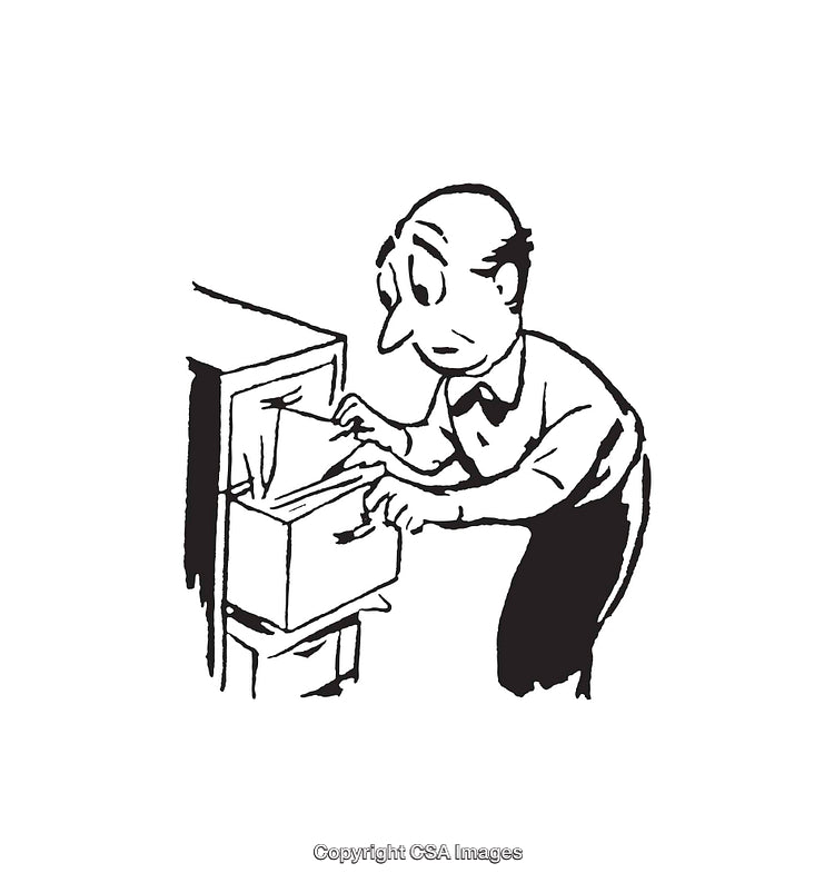 Vintage Line Art of Man Searching Through File Cabinet
