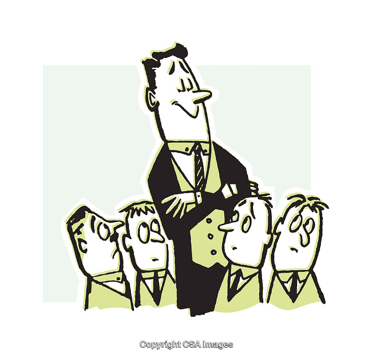 Illustration of Businessman Standing Confidently Among Colleagues in Discussion