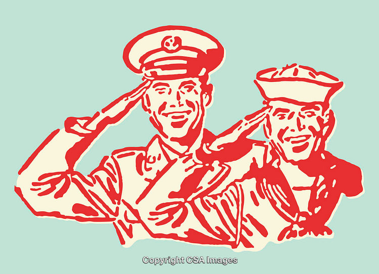 Vintage Illustration of Two Saluting Naval Officers in Graphic Style