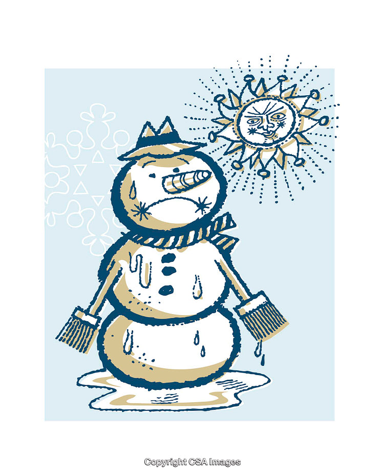 Melting Snowman Under the Sun in a Colorful Cartoon Illustration