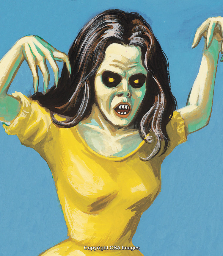 Illustration of a Spooky Zombie Woman in a Yellow Dress on Blue Background