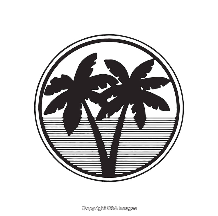Tropical Island Palm Trees Illustrated in Black and White Circular Design