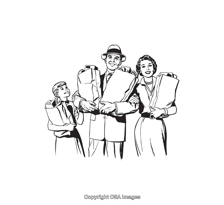 Retro Illustration of Family Carrying Groceries in Black and White Line Art