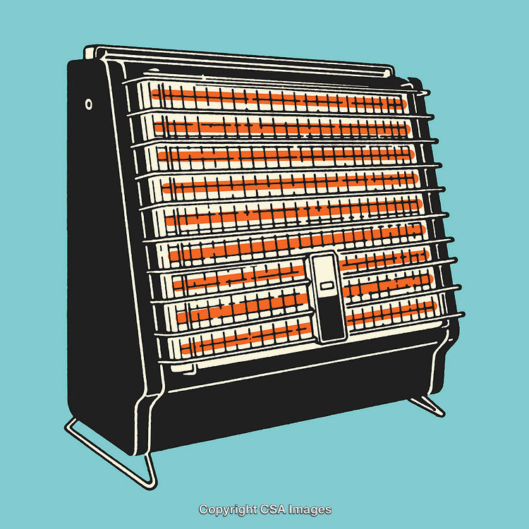 Vintage Electric Heater Illustration in Bold Retro Color Style on Blue Background