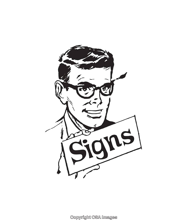 Vintage Line Art of a Man Holding a Sign in Black and White