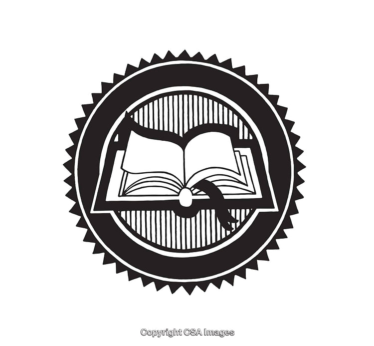 Black and White Line Art of an Open Book Emblem Design