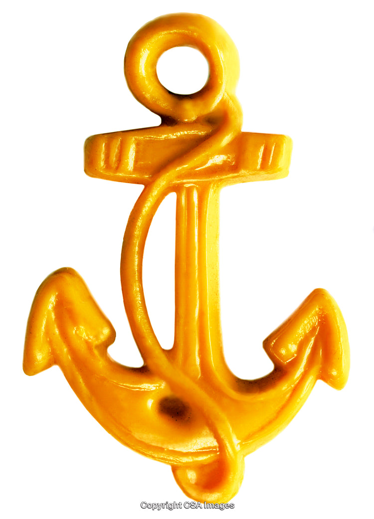 Yellow Plastic Anchor Toy with Rope Detail on White Background