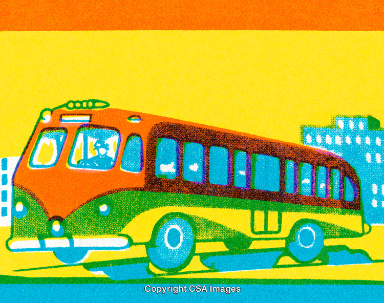 Colorful Retro-Style City Bus Illustration with Vibrant Urban Scene