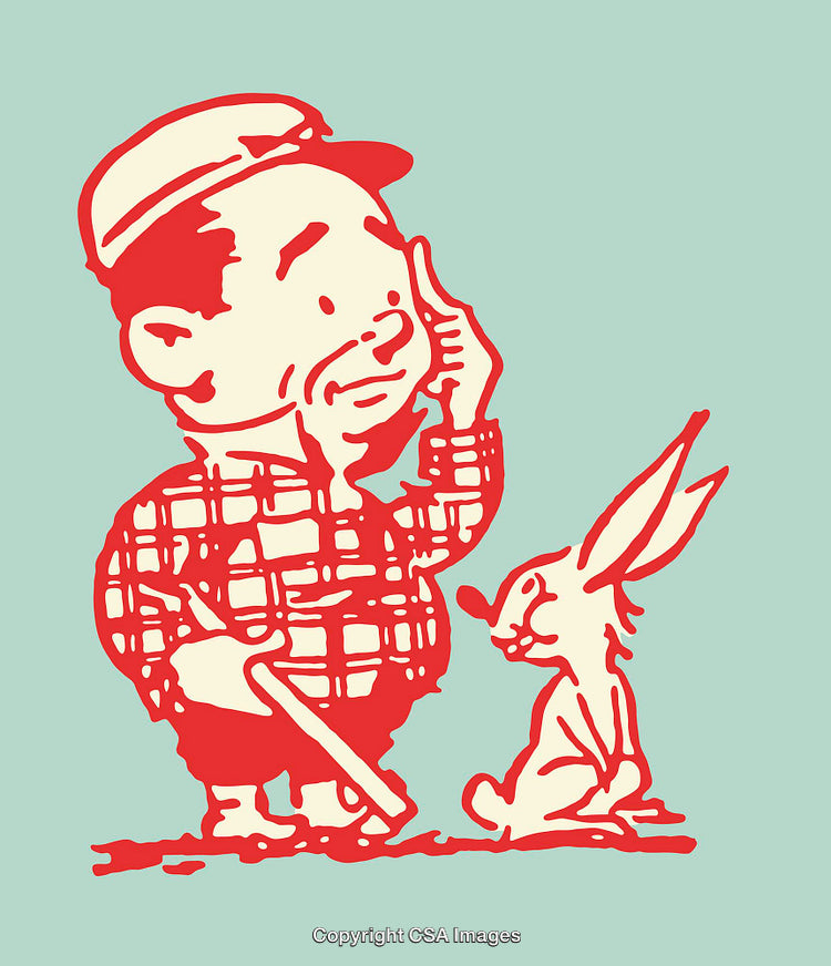 Humorous Illustration of Farmer and Rabbit in Playful Interaction