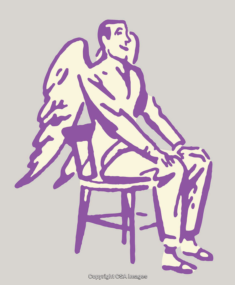 Abstract Winged Figure Sitting on Chair in Artistic Line Art Style