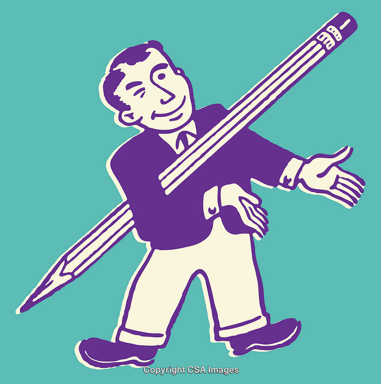 Vintage Style Illustration of Person with Overlarge Pencil on Aqua Background