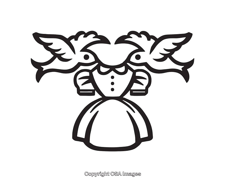 Stylized Black and White Line Art Depicting Birds and a Dress Form
